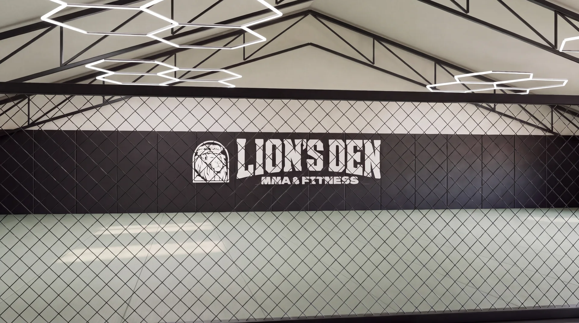 Concept rendering of the Lion’s Den MMA training area with a black padded cage boundary