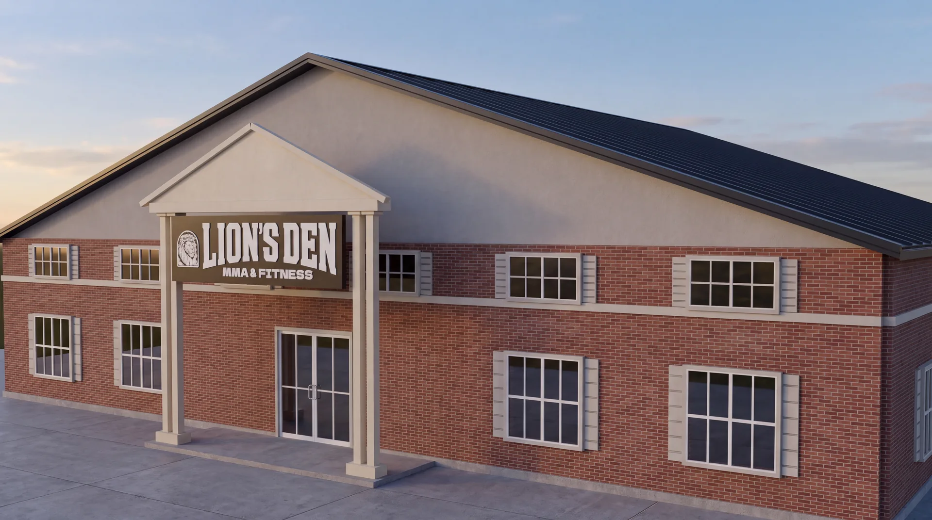 Concept rendering of the brick Lion’s Den academy exterior and branded entrance