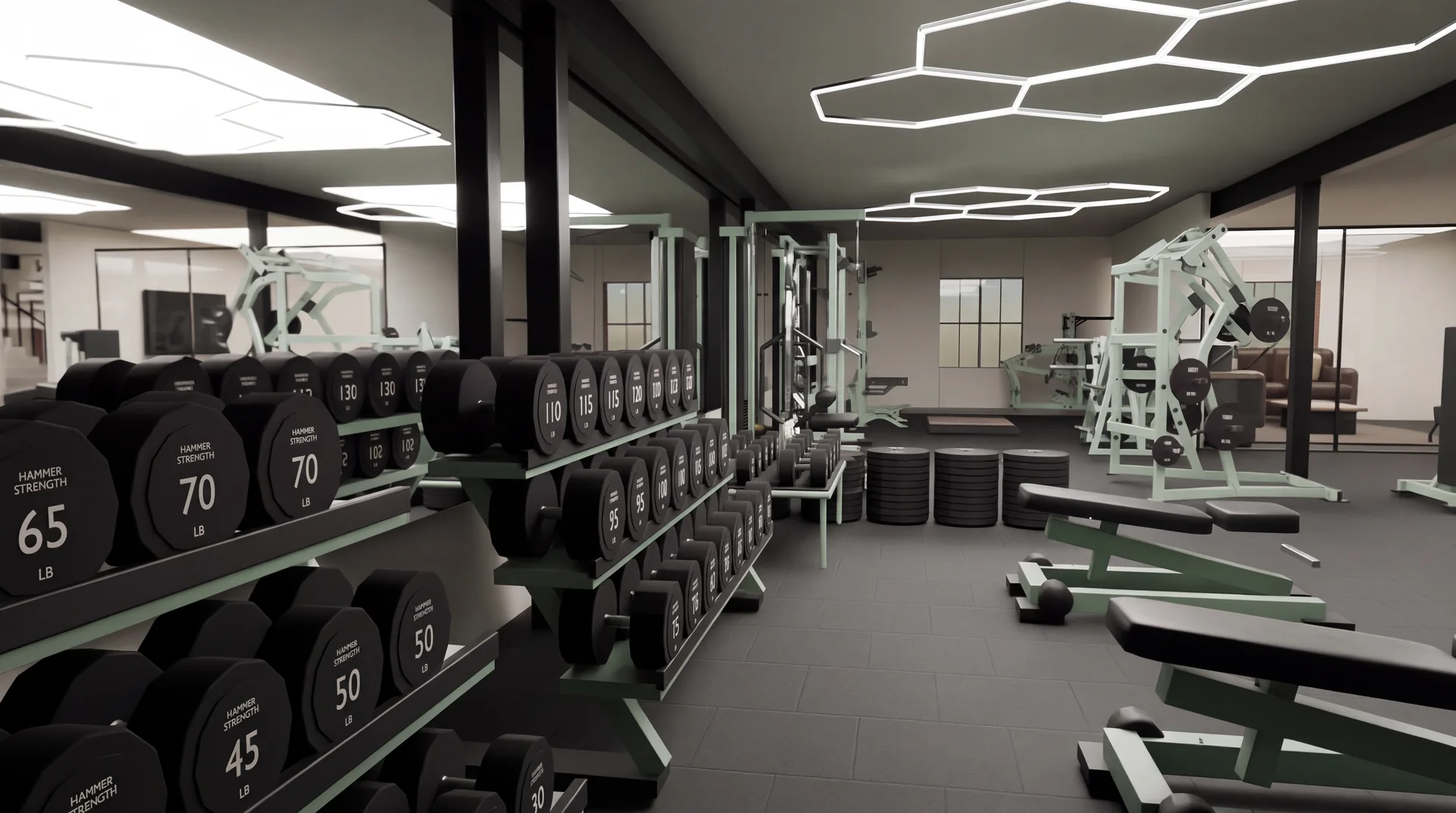 Concept rendering of black dumbbells, benches and strength machines on the downstairs gym floor