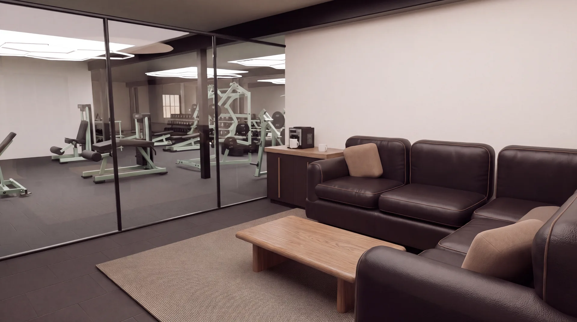 Concept rendering of the parents’ lounge with leather seating and a clear glass view into the gym
