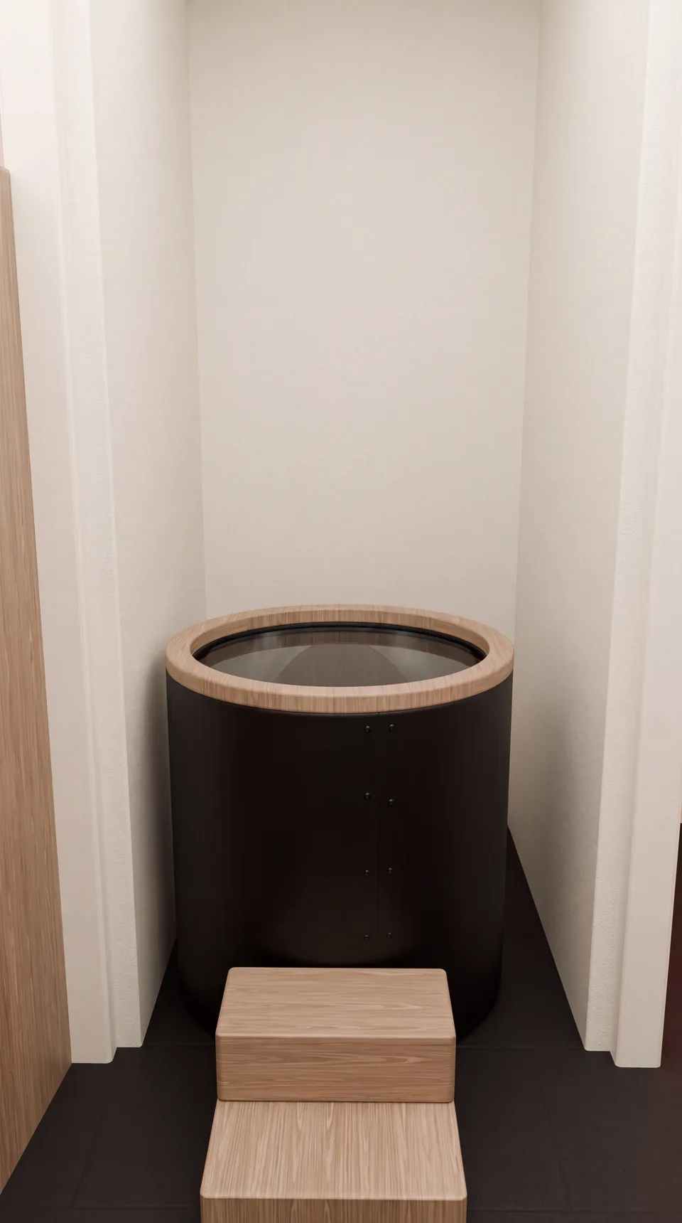 Concept rendering of a cold-plunge tub and oak access steps inside a private recovery bay