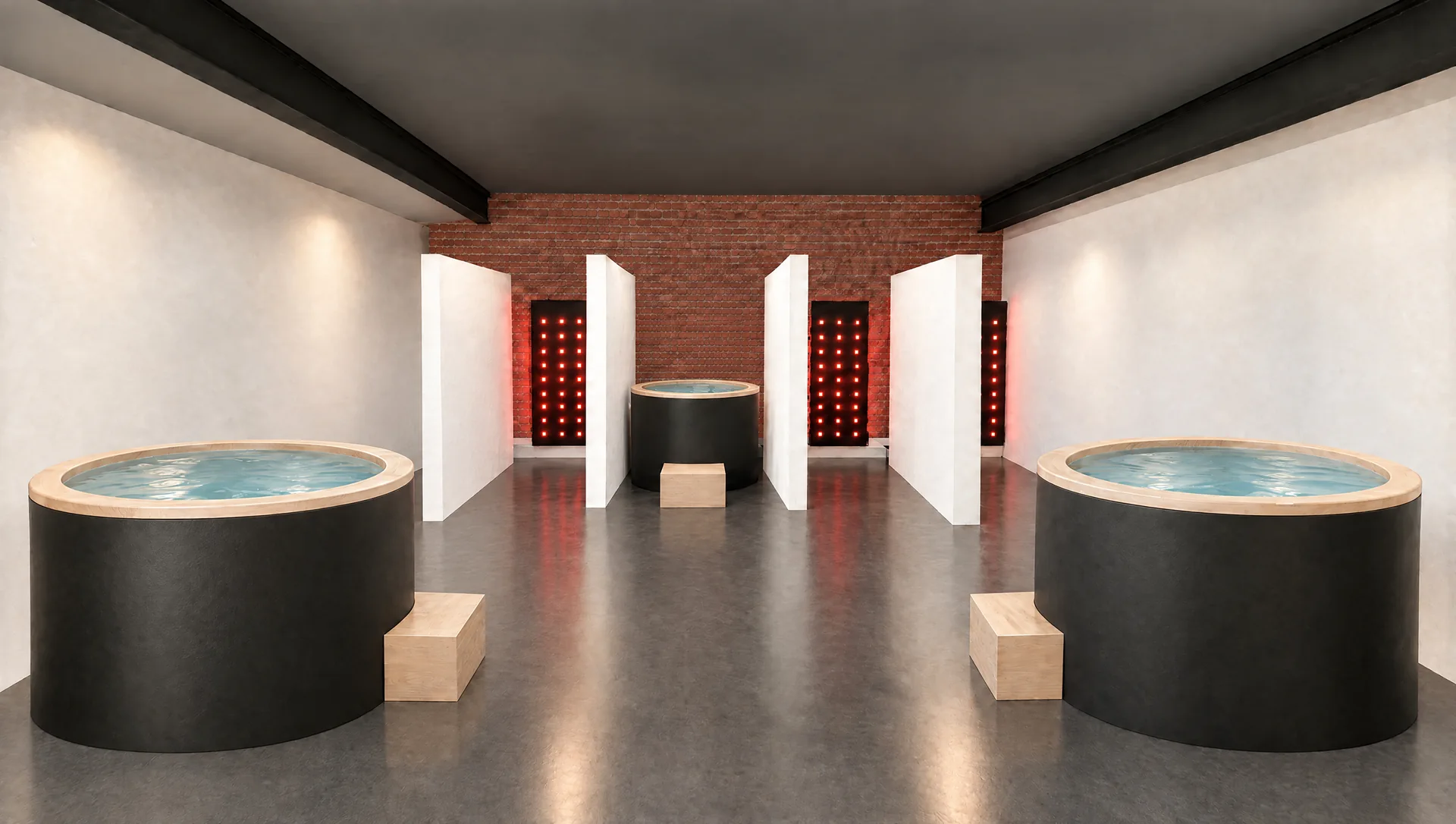 Concept rendering of the recovery suite with three cold-plunge tubs and three red-light bays