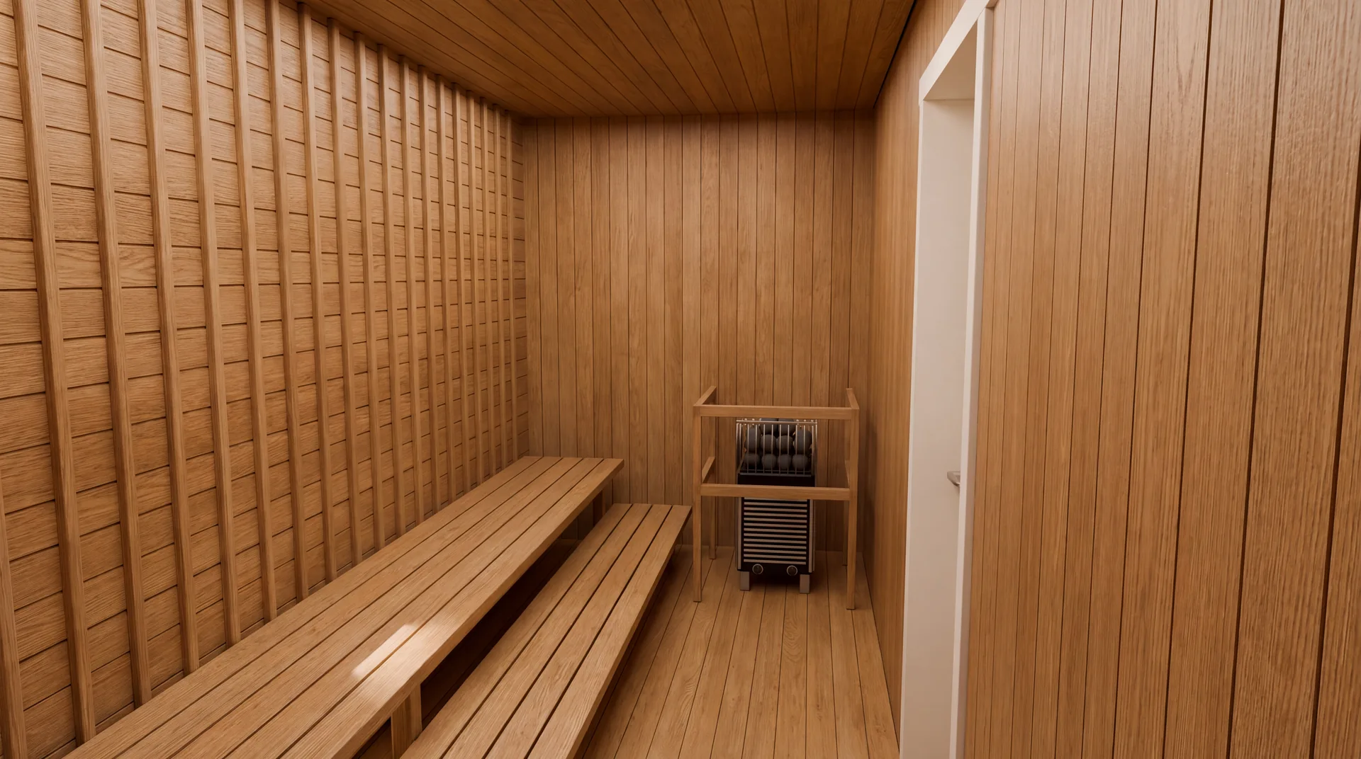 Concept rendering of the wood-lined sauna with tiered benches and a stone heater