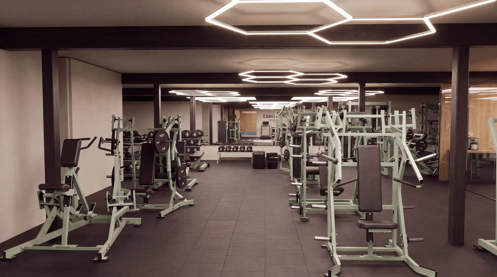 Concept rendering of the downstairs strength floor with sage equipment frames and black weights